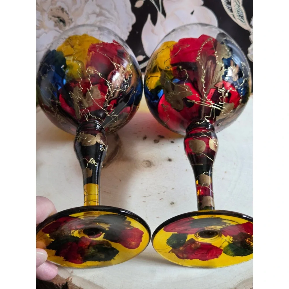 Euroglass‎ Stemware Hand Painted Abstract Wine Glasses Red Blue Yellow Gold Pair